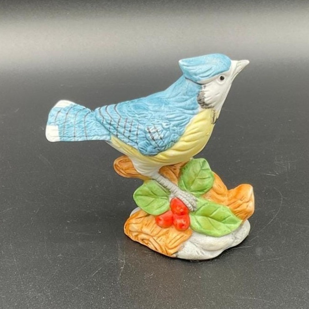 Whitehall Society Blue Jay Figurine Bird on Branch Porcelain‎ Decor 3" Tall
